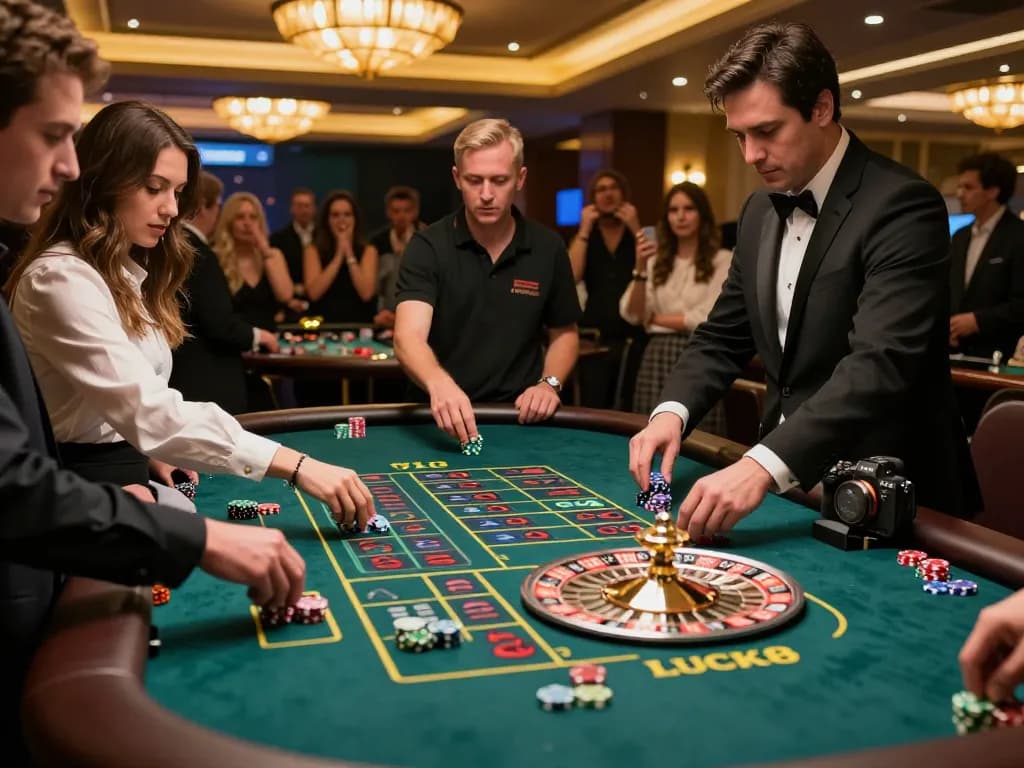 Experience excitement at the Live casino LUCK8 roulette table with players placing bets and a spinning wheel.