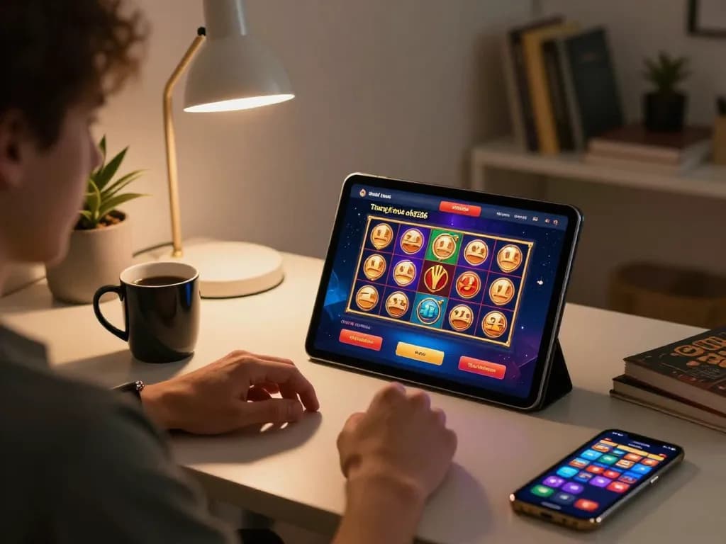 Engaging with the Trang chủ ok8386 online slot games at a cozy home gaming setup.
