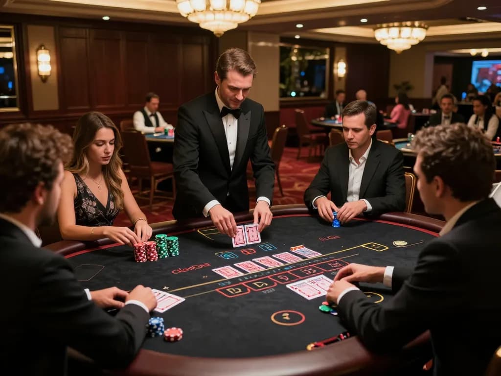Players strategizing at a Megaplus88 blackjack table in an elegant casino setting.