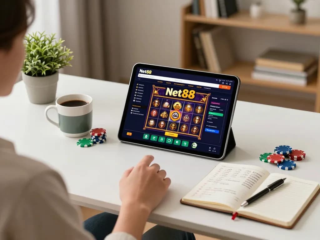 Person engaging with the net88 casino app on a tablet, showcasing vibrant game interfaces in a cozy home setting.
