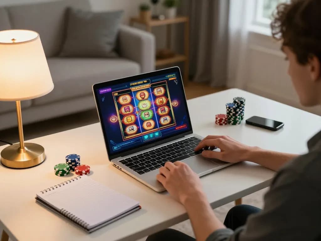 Engaging in online casino Malaysia gaming on a laptop with strategic notes and vibrant interface