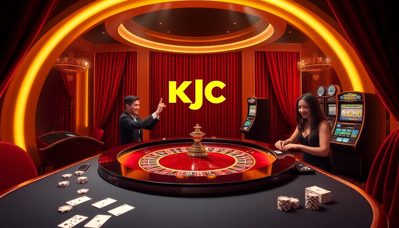 KJC casino scene showcasing excitement at a roulette table with vibrant games.