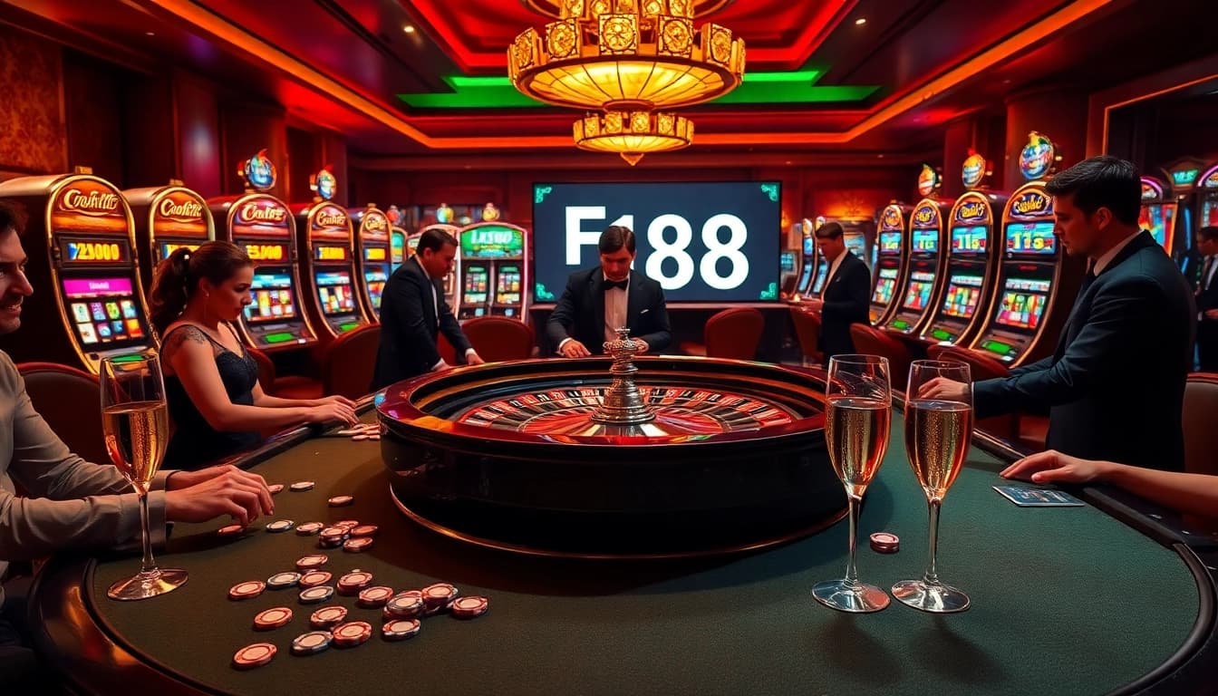 Players engaged in high-stakes roulette at a glamorous casino featuring F168.
