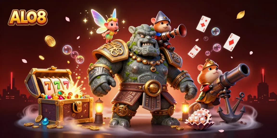 Experience ALO8's thrilling atmosphere with golem guardian, sparkling magic, and vibrant slot reels action.