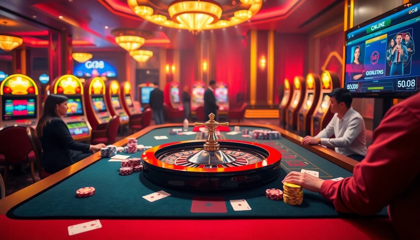 GO8 casino scene showcasing vibrant roulette wheel and engaging players.