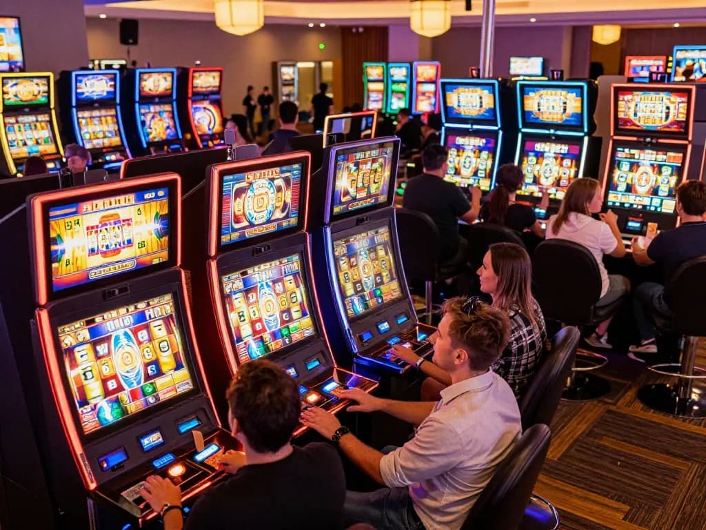 Rasakan permainan mendebarkan dengan mesin slot aman788 yang berwarna-warni berputar di lingkungan kasino yang aktif