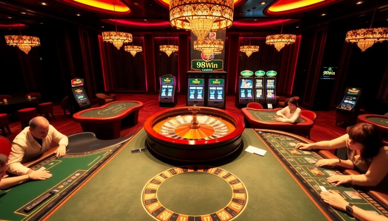 Engage with high-stakes gambling at 98Win, featuring luxurious tables and thrilling slot machines.