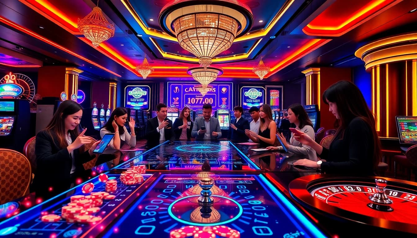 Bongvip online gamblers celebrating wins at a modern casino table with vibrant visuals.