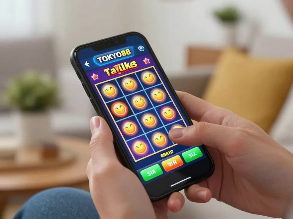 Moment perjudian seluler yang menarik dengan aplikasi TOKYO88 yang menampilkan permainan slot di layar smartphone