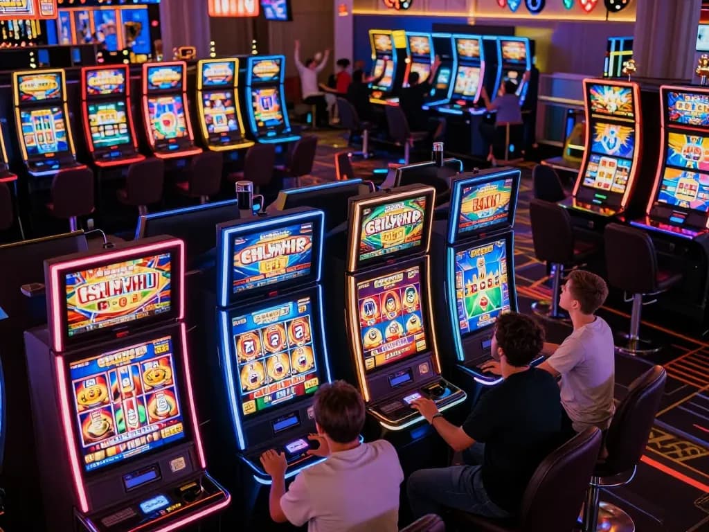 Pemain terlibat dalam kegembiraan mesin slot tante77 di tengah cahaya warna-warni dan suara yang mendebarkan