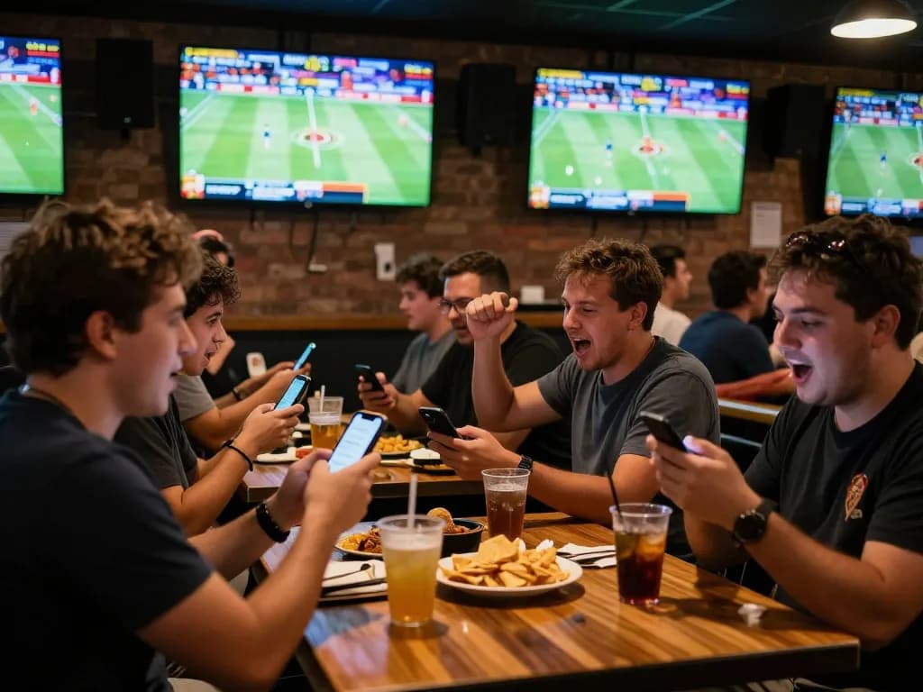 Tỷ lệ kèo nhà cái showcased with enthusiastic sports fans placing bets during live games in a vibrant sports bar