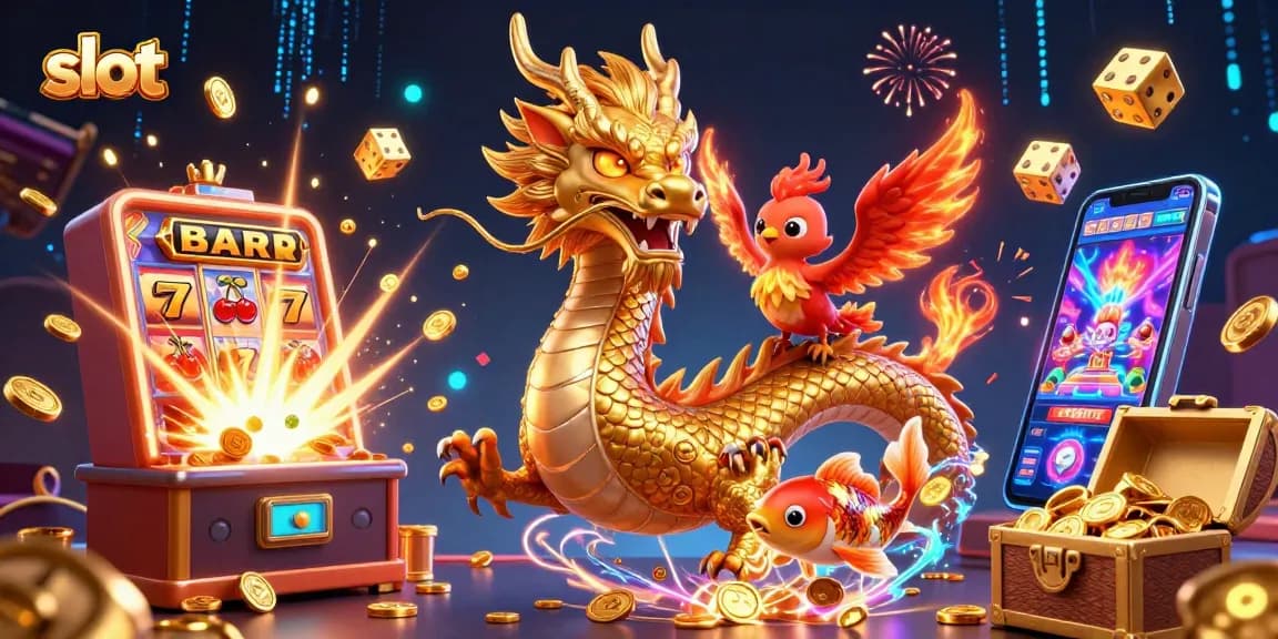 Play dynamic slot games with a fierce dragon and vibrant casino elements in a thrilling scene.