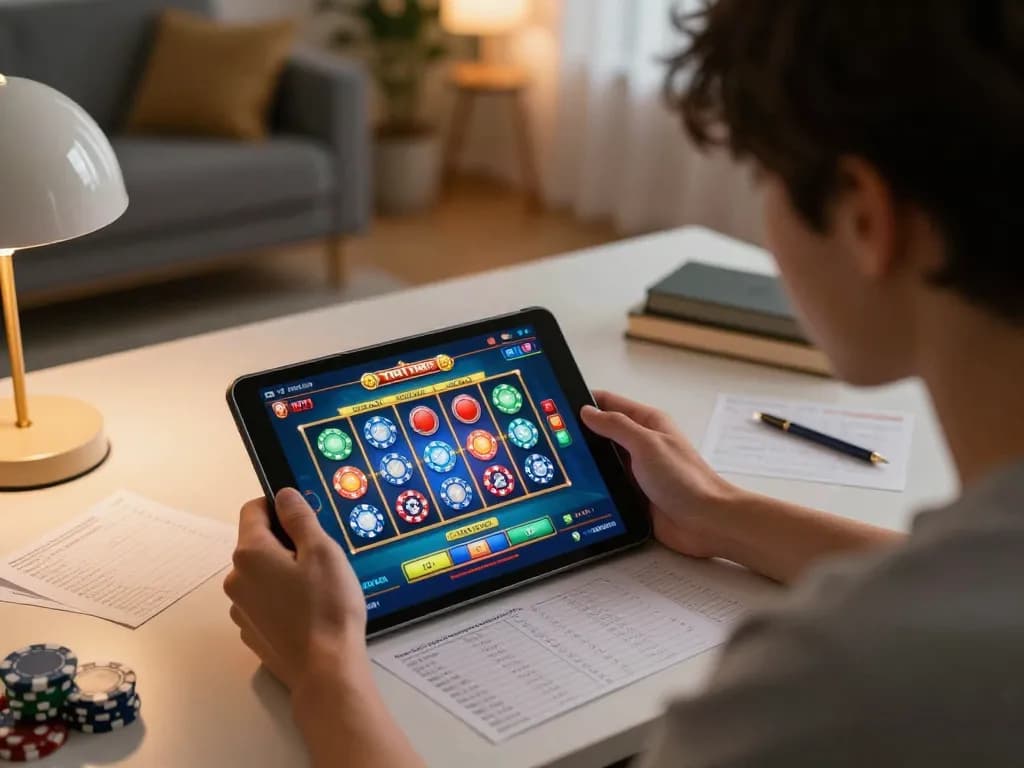 Bermain game Slot Demo yang menarik di rumah menggunakan tablet, menampilkan permainan strategis dan suasana yang nyaman.