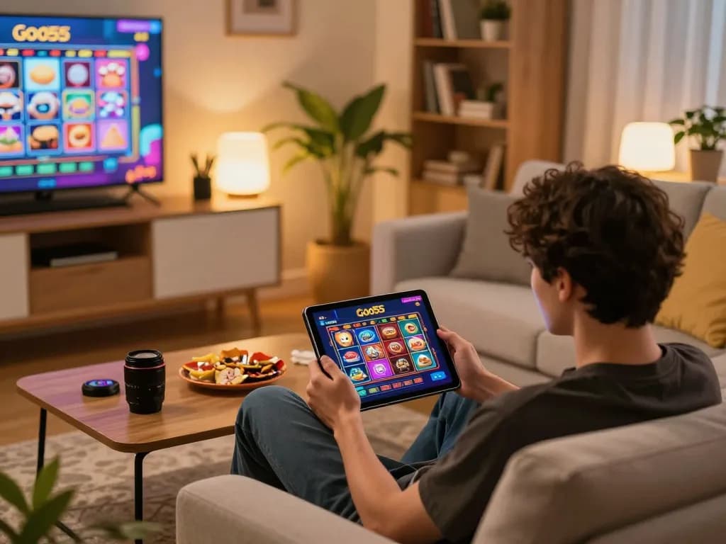 Player enjoying online gaming on God55 app in a cozy home setting