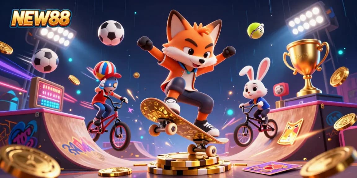 NEW88 showcases a vibrant scene of a fox skateboarder and rabbit BMX rider in a casino-themed illustration.