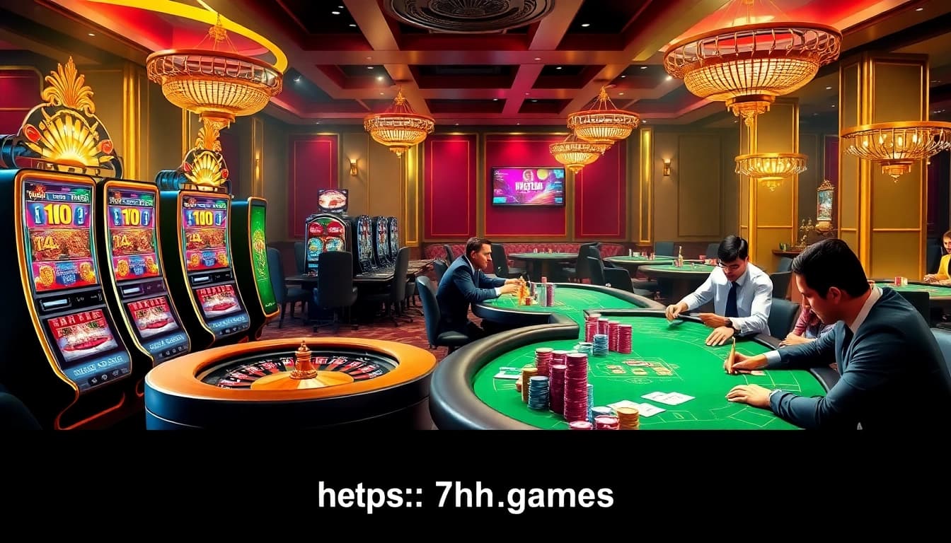 Exciting gameplay experience at https://7hh.games/ with roulette and slot machines in a luxurious casino setting.