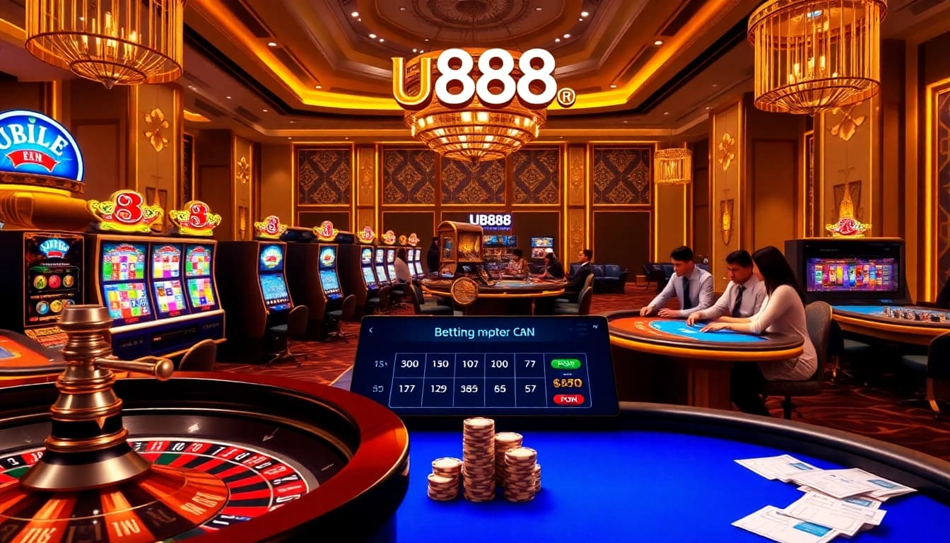 Engaged players enjoying U888's thrilling online casino games with vibrant slots and roulette.