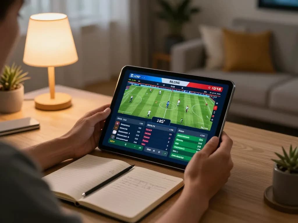 Engaging in sports betting on https://keonhacai5.mobi/ with live odds visible on the tablet, capturing actionable strategy.