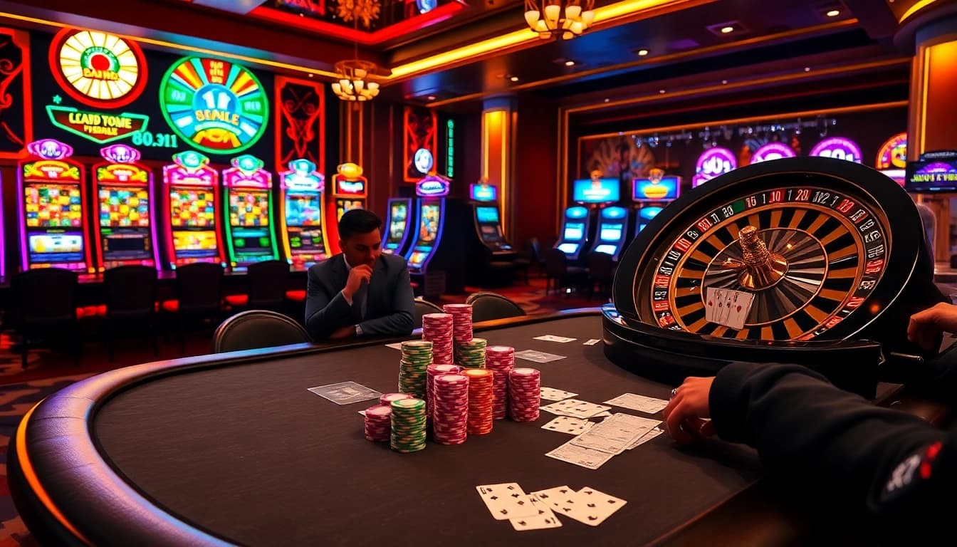 Engaging casino players at a poker table featuring 88xx amidst vibrant slot machines.