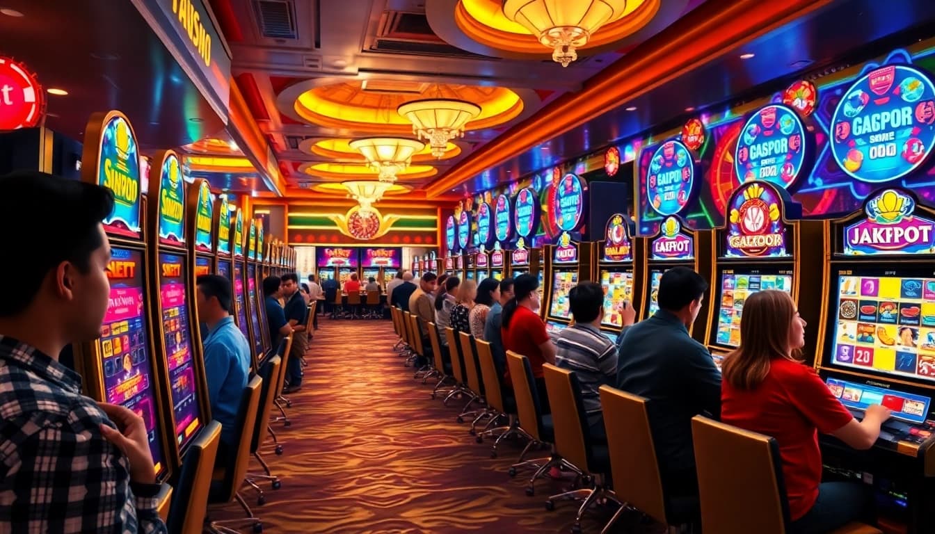 Excited players celebrate their wins at slot gacor hari ini in a luxury casino.