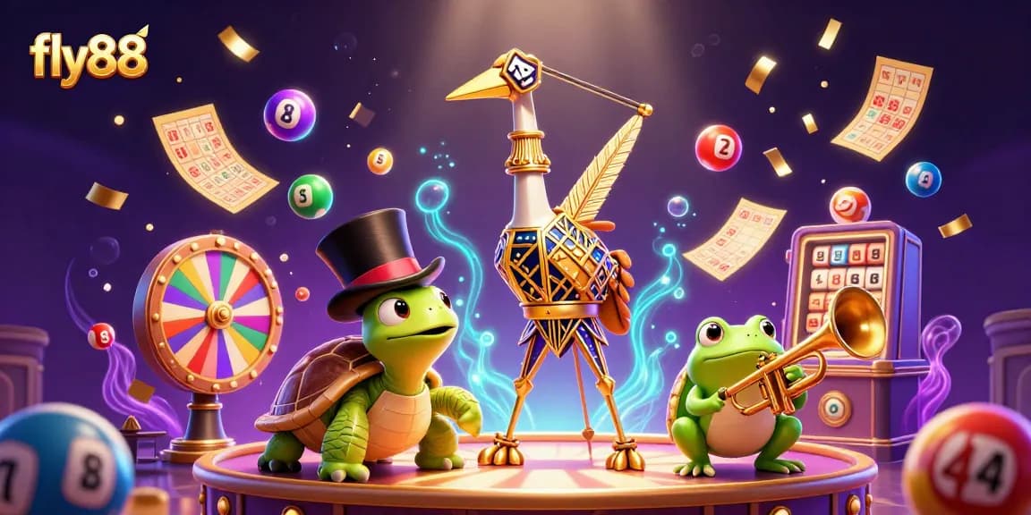 Join the fun at fly88 with a lively 3D illustration of cartoon characters in a vibrant casino scene.