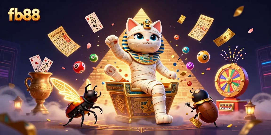 Win big at fb88 with the Egyptian mummy cat in a vibrant casino adventure scene.