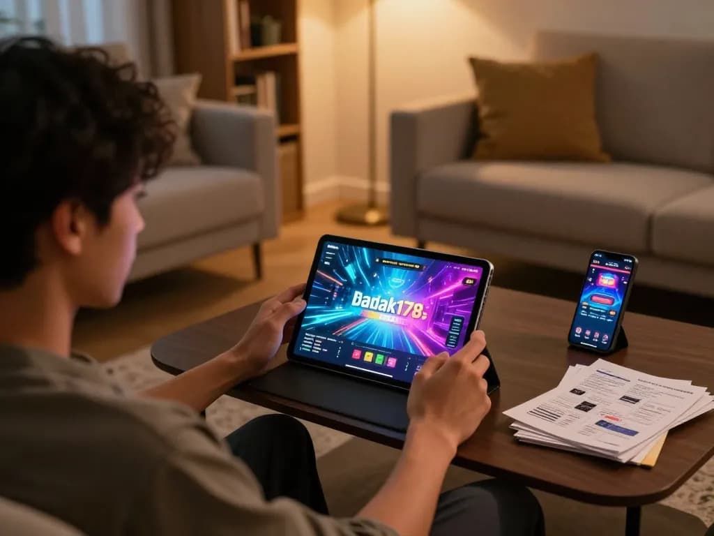 Engaging with badak178 on a tablet in a cozy home setup for online gaming.