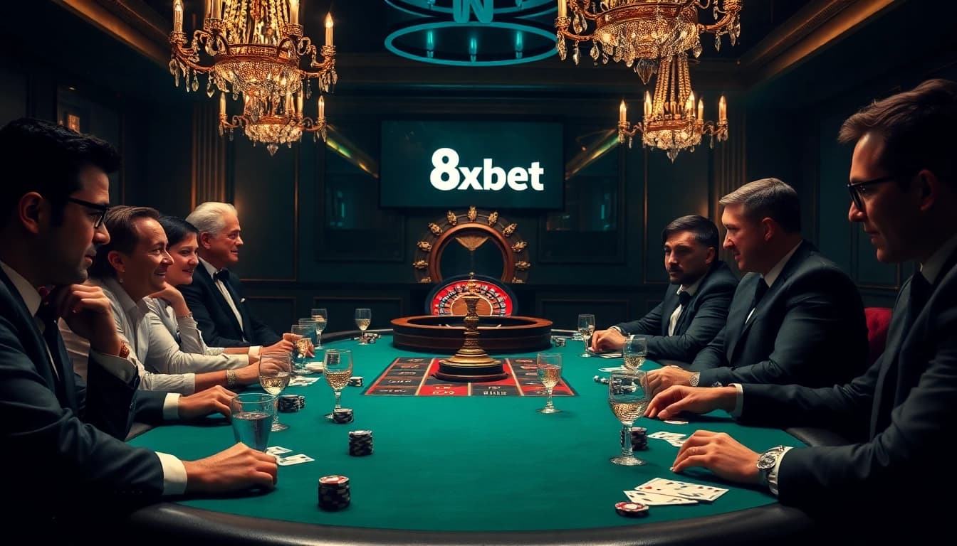 Players engaging intensely at a luxury poker table in a vibrant casino setting with the 8xbet logo.