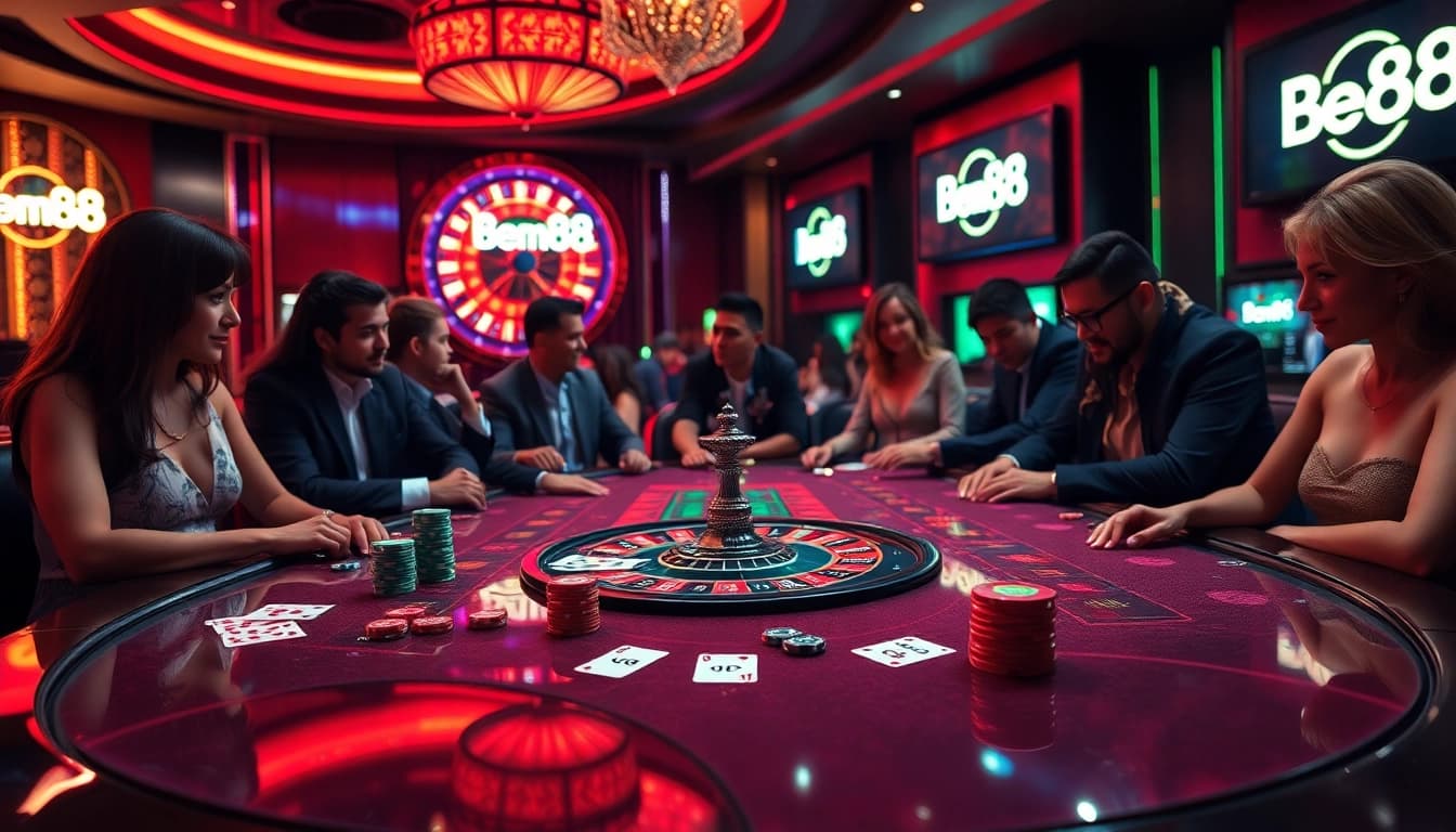 Players engaging in thrilling casino games at Bem88 with vibrant poker chips and cards.
