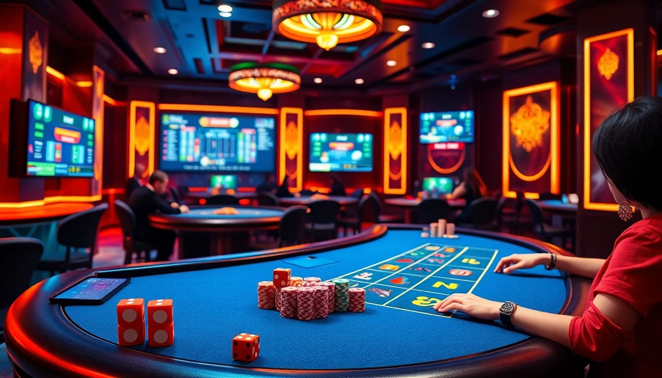 Players engaging in excitement at Tài Xỉu MD5 tables highlighted by vibrant casino elements for a thrilling experience.