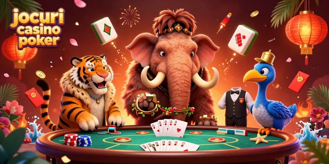 Jocuri casino poker cu un mamut bouncer 3D, tigru VIP și porumbel portar în scenă dinamică.