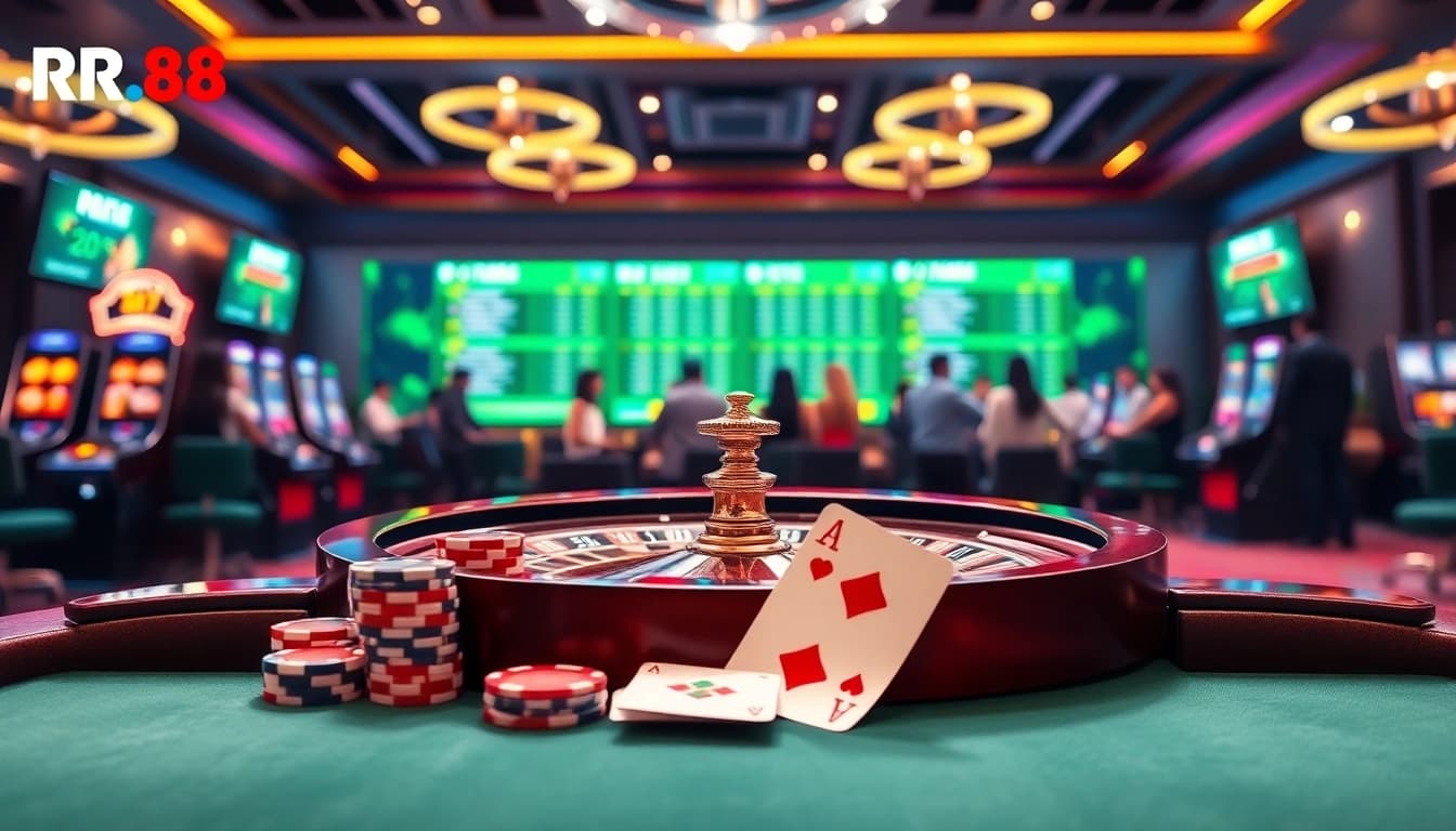 Engaging scene of casino activities on Trang Chủ RR88 featuring roulette, poker chips, and online gameplay.
