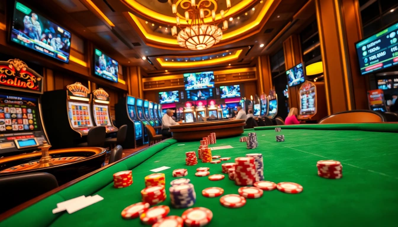 Thrilling gambling action at https://789club.quest/ with vibrant slot machines and poker tables.