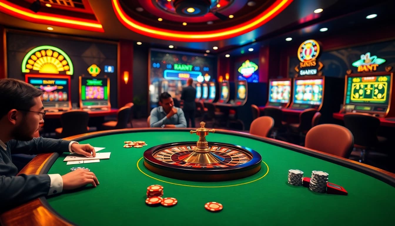 Exciting online casino scene featuring ok8386 poker table and vibrant slot machines.