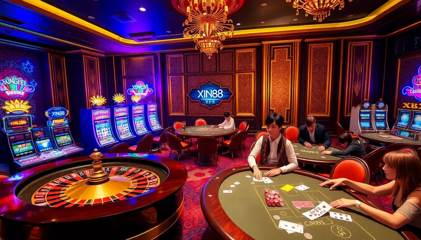 Experience the excitement of xin88 at a luxurious casino featuring engaging poker and vibrant slot machines.