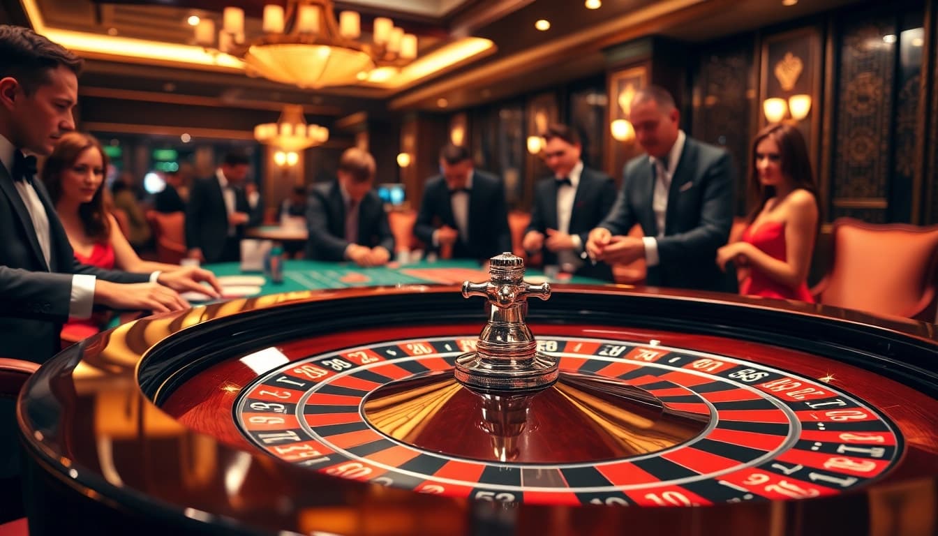 Engaging e2bet casino scene showing players at a roulette table, immersing in the excitement.