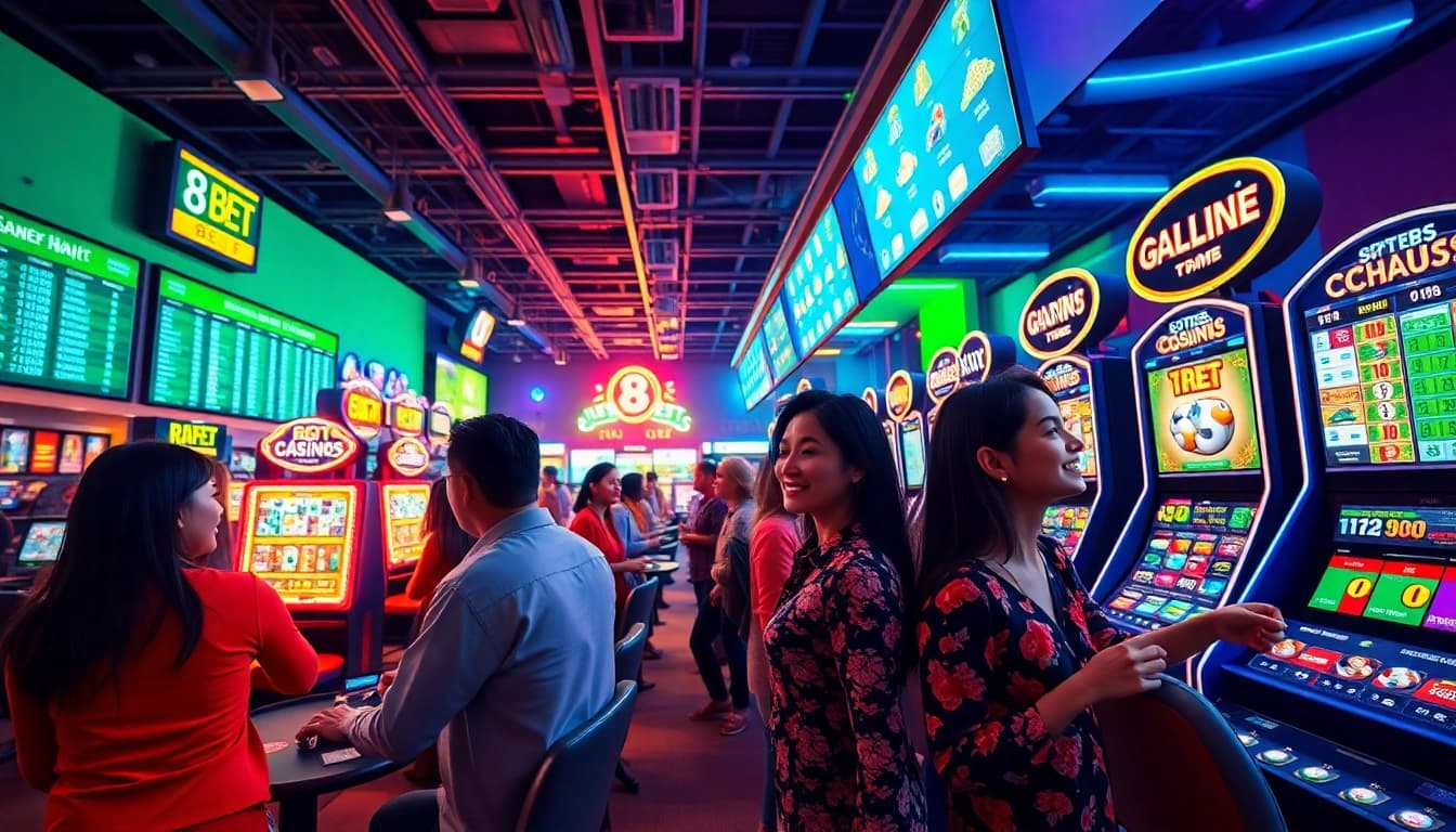 Exciting scene depicting people engaged in various games at an online betting platform 8s bet, showcasing sports betting, casinos, and vibrant interactions.