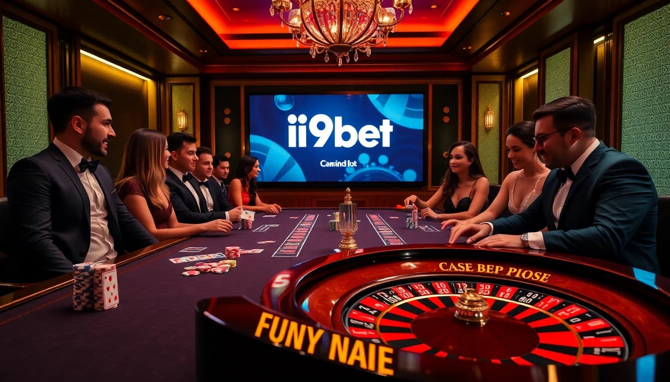 A group of players enjoying a lively game at i9bet's glamorous casino table.