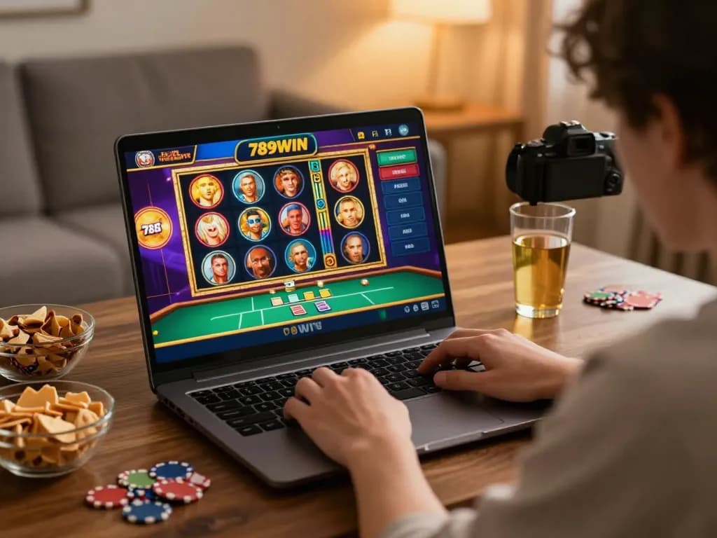 Engaging player enjoying 789WIN online casino games on laptop at home