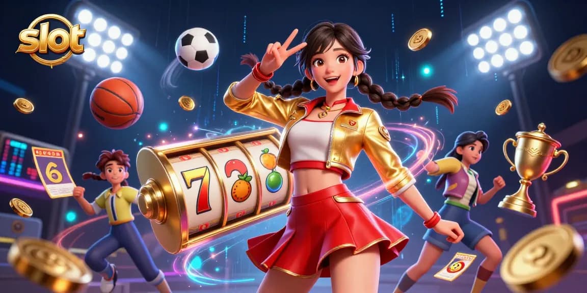 Experience thrilling slot action with a vibrant scene featuring slot reels and lively characters.