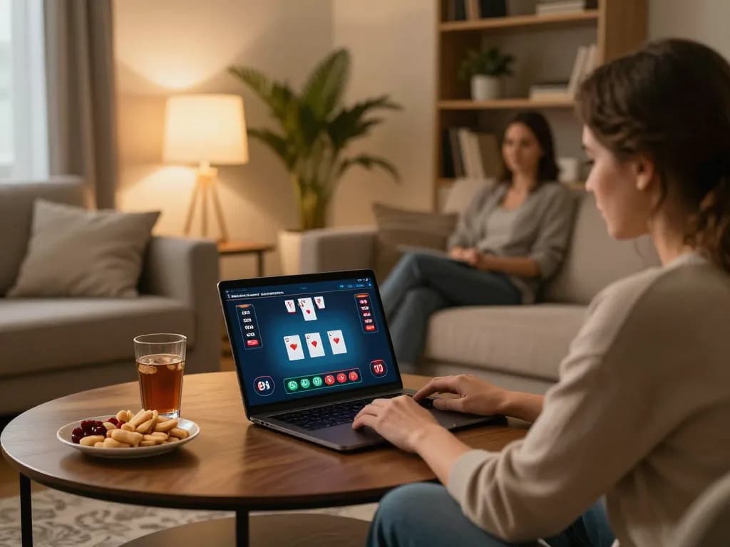Dinamit4D players enjoying an engaging home poker game on a laptop with cozy ambiance
