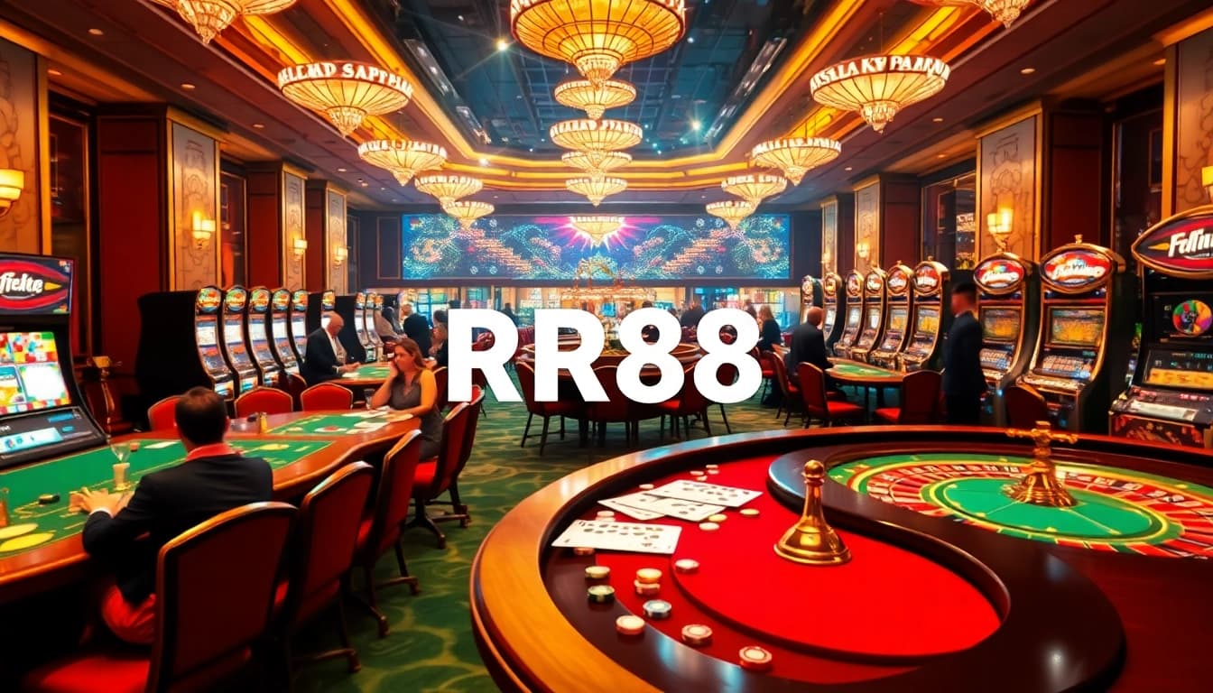 Engaging scene of RR88 casino excitement with players, cards, and a vibrant atmosphere.