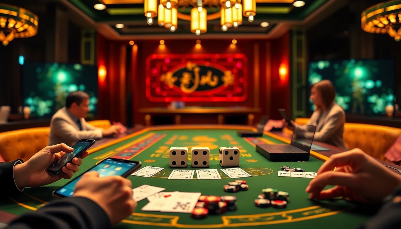 Engaging players enjoy game tài xỉu at a vibrant online casino table setup.