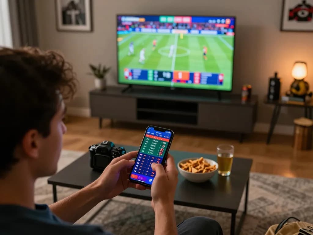 Engaging user placing a bet on NET88 sports betting app in a modern living room, capturing strategic excitement.