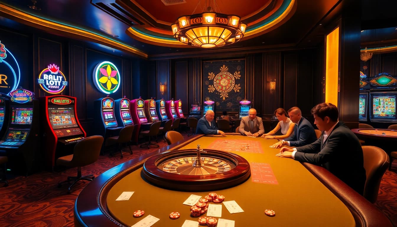 Hitclub casino scene featuring an engaging roulette table and vibrant slot machines.