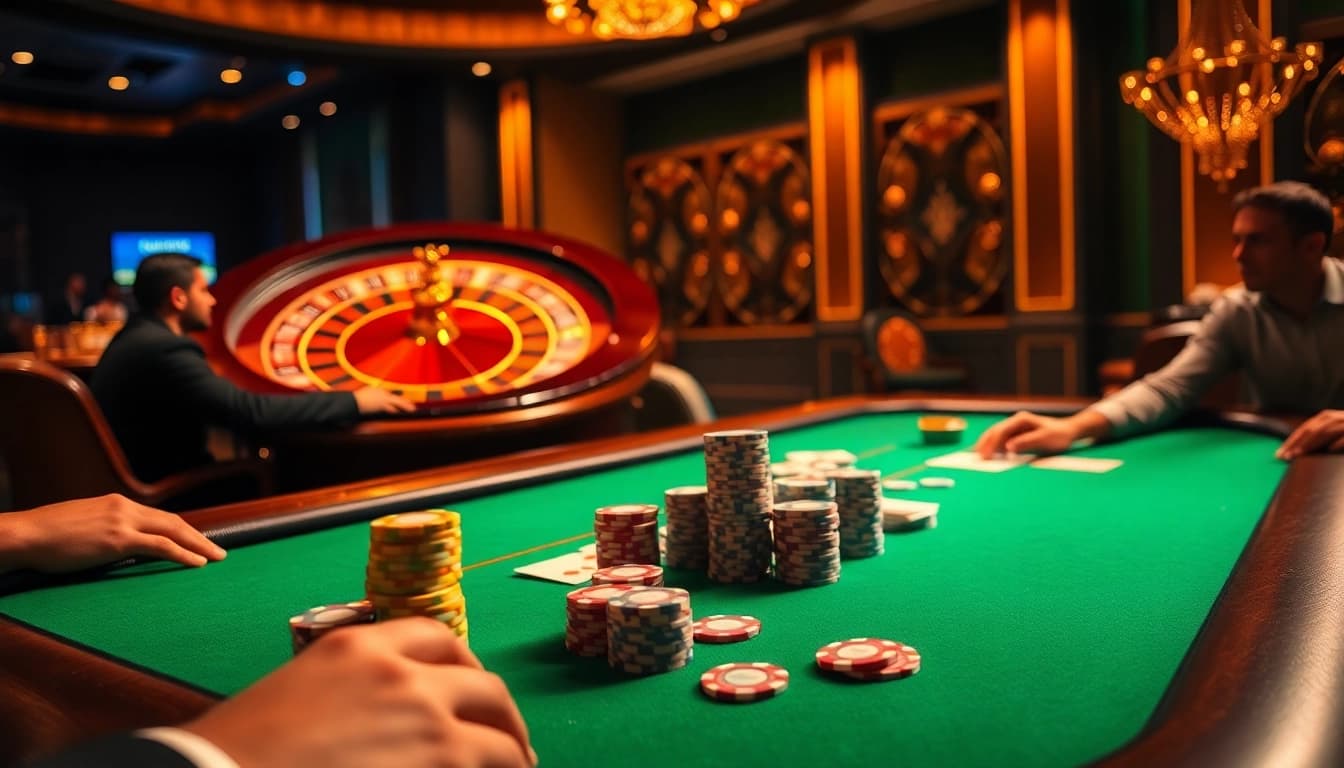Engaging kubet poker game scene with luxury casino atmosphere, vibrant colors, and high-stakes excitement.