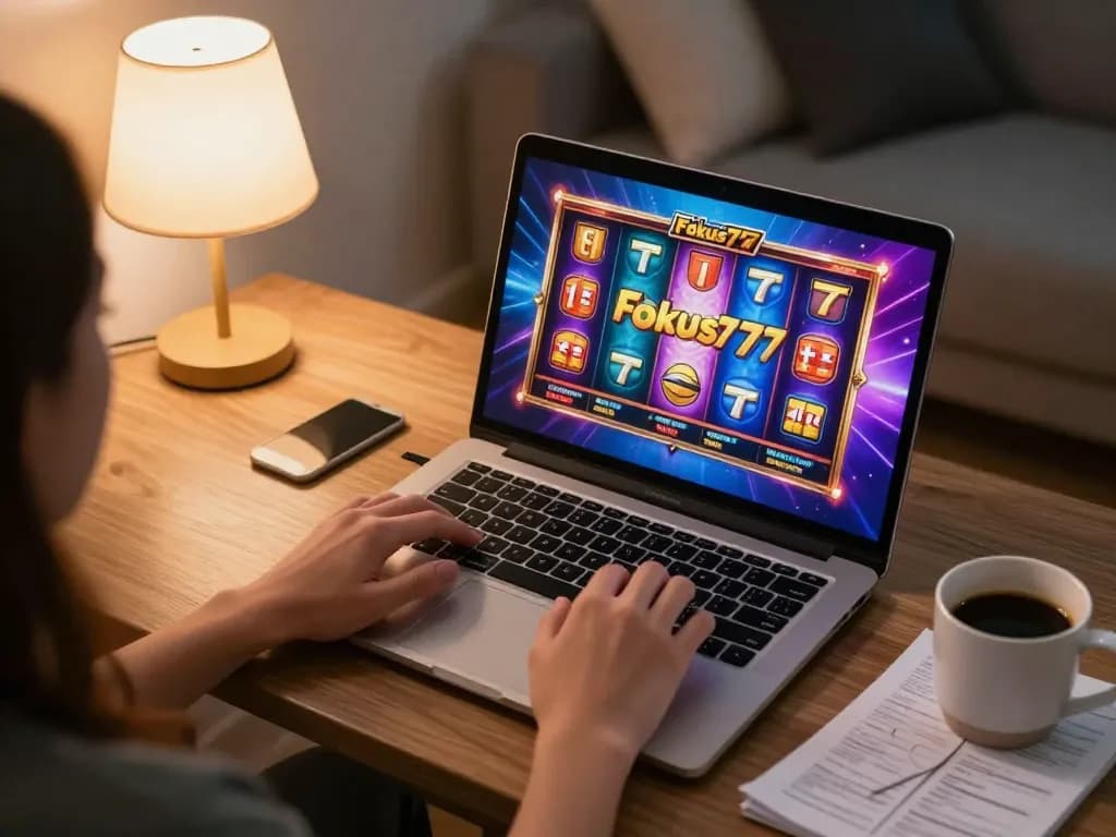 Playing Fokus777 online casino on laptop shows exciting slot game action in a cozy setting.