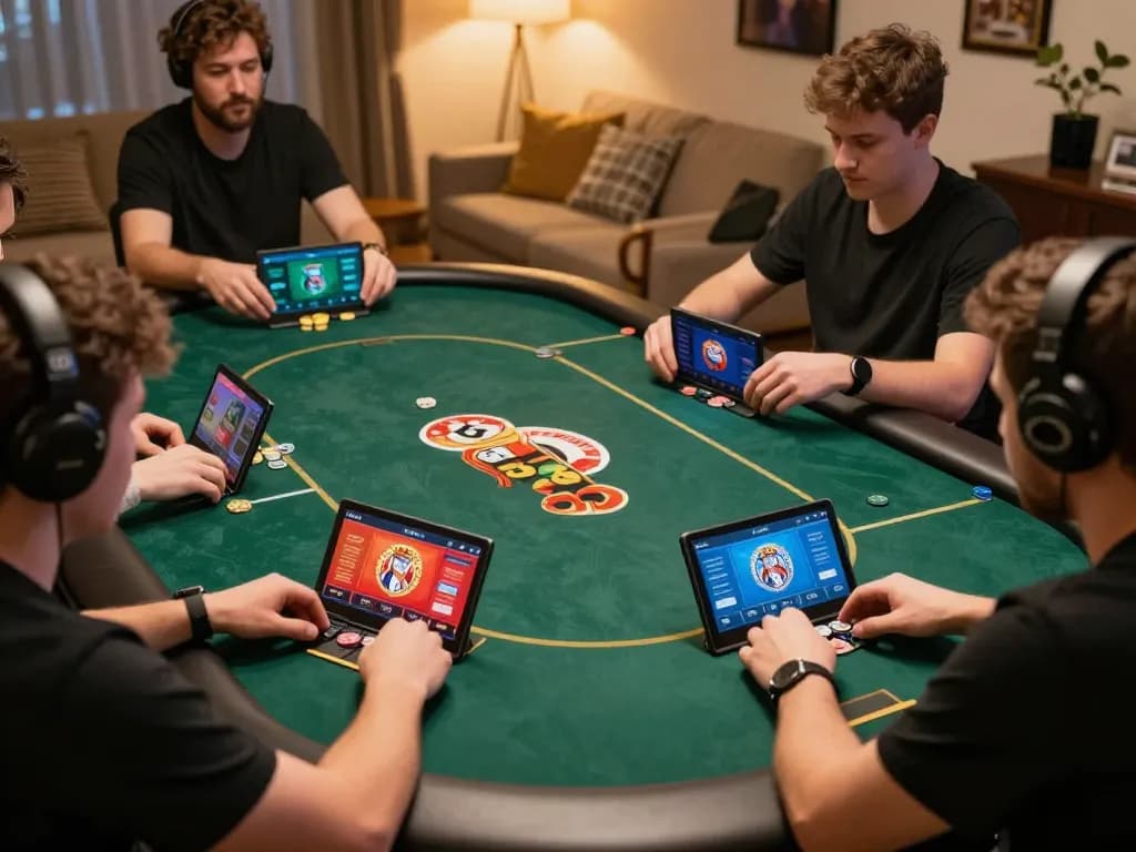 Engaged players using king33 app in a lively online poker game, showcasing competitive atmosphere and strategy.