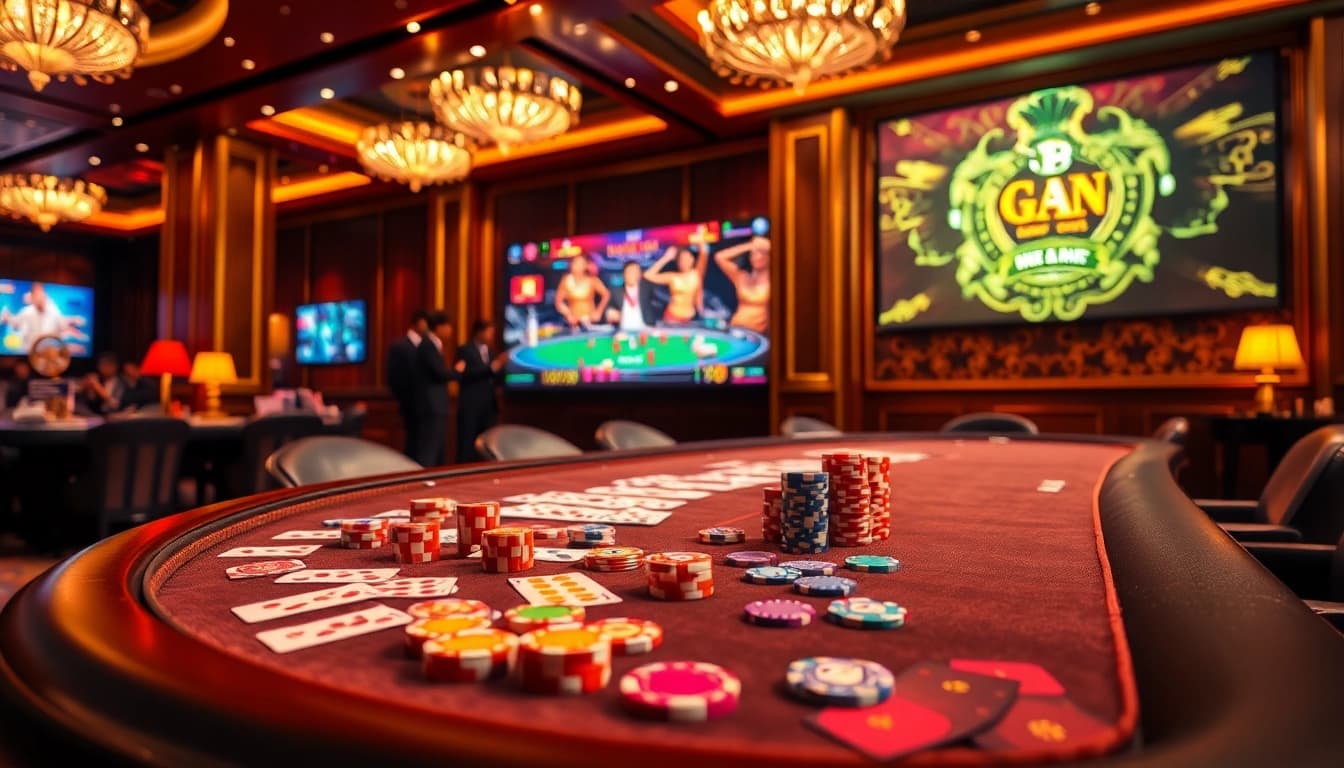 Engage with Đá Gà Thomo BJ888 in a vibrant casino setting, featuring exciting gambling action and luxury décor.
