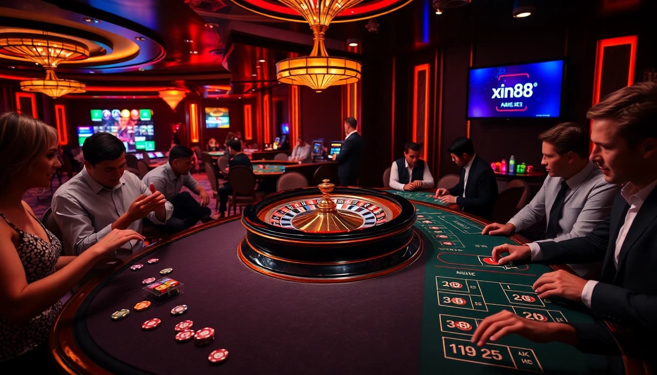 Excited gamblers betting at a luxurious casino featuring the xin88 online experience.